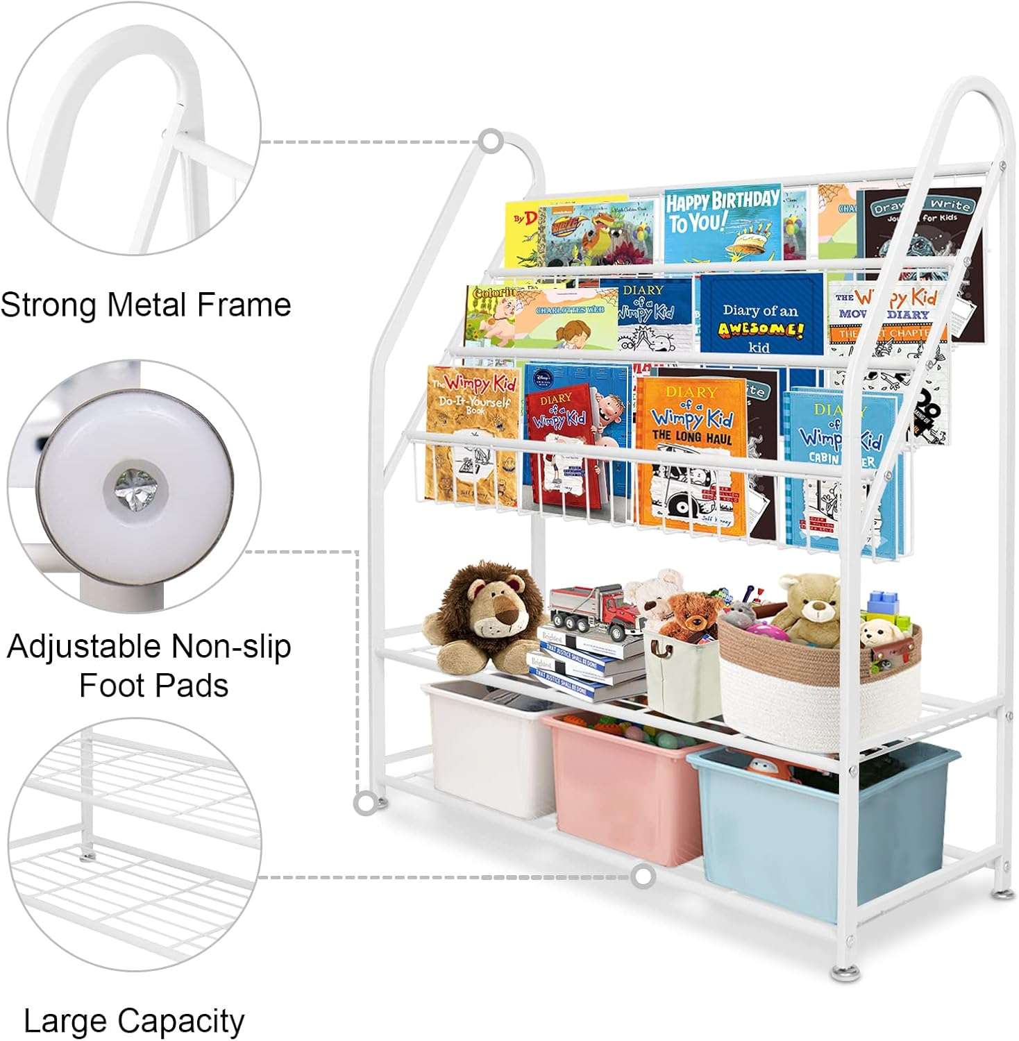 aboxoo Metal Kids Bookshelf Freestanding Bookcase for Children Room 32 in Large Toy Organizer Modern MinimalistWhite Stable Metel Bookstore Bedroom, Living, Library Book Unit Storage - 5