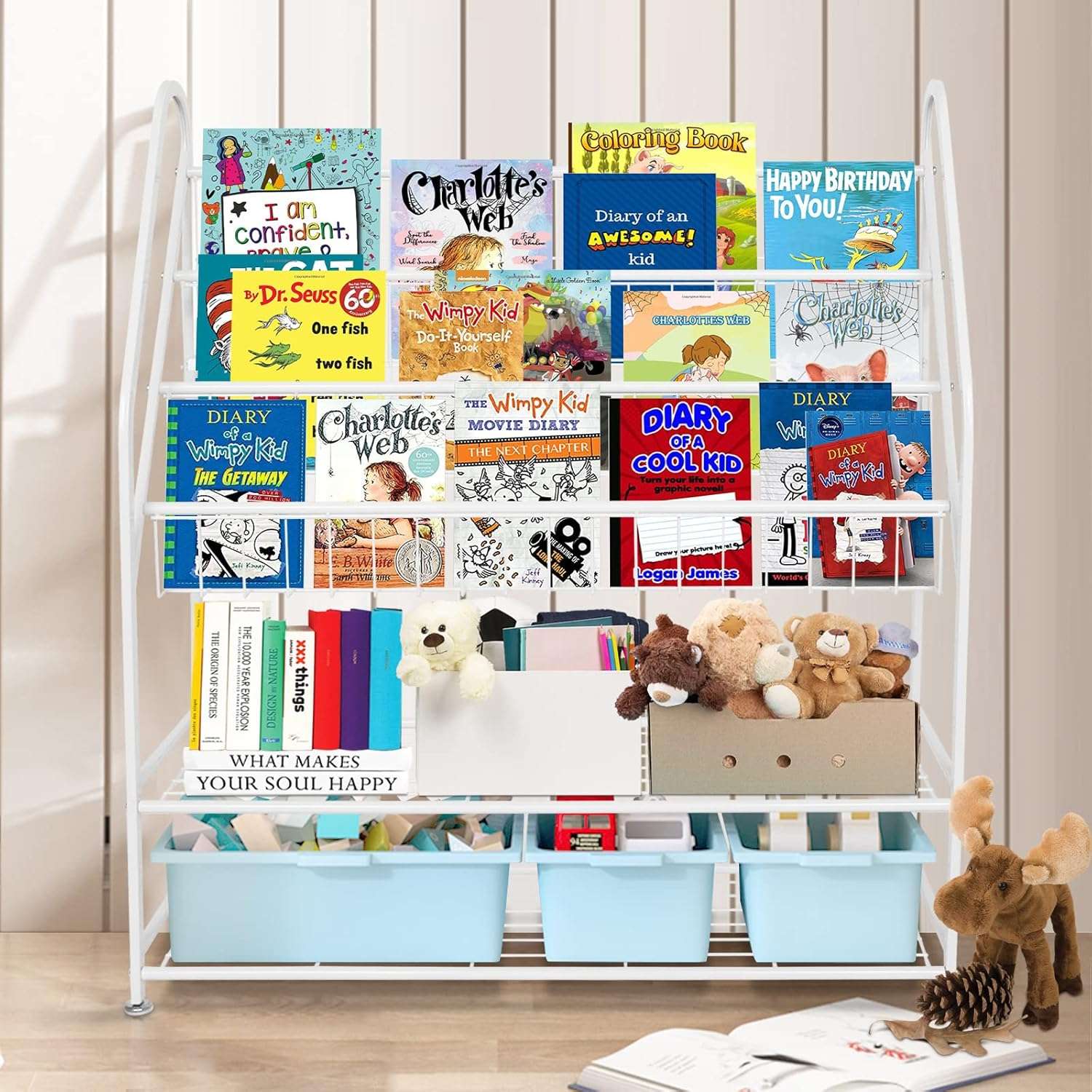 aboxoo Metal Kids Bookshelf Freestanding Bookcase for Children Room 32 in Large Toy Organizer Modern MinimalistWhite Stable Metel Bookstore Bedroom, Living, Library Book Unit Storage - 6