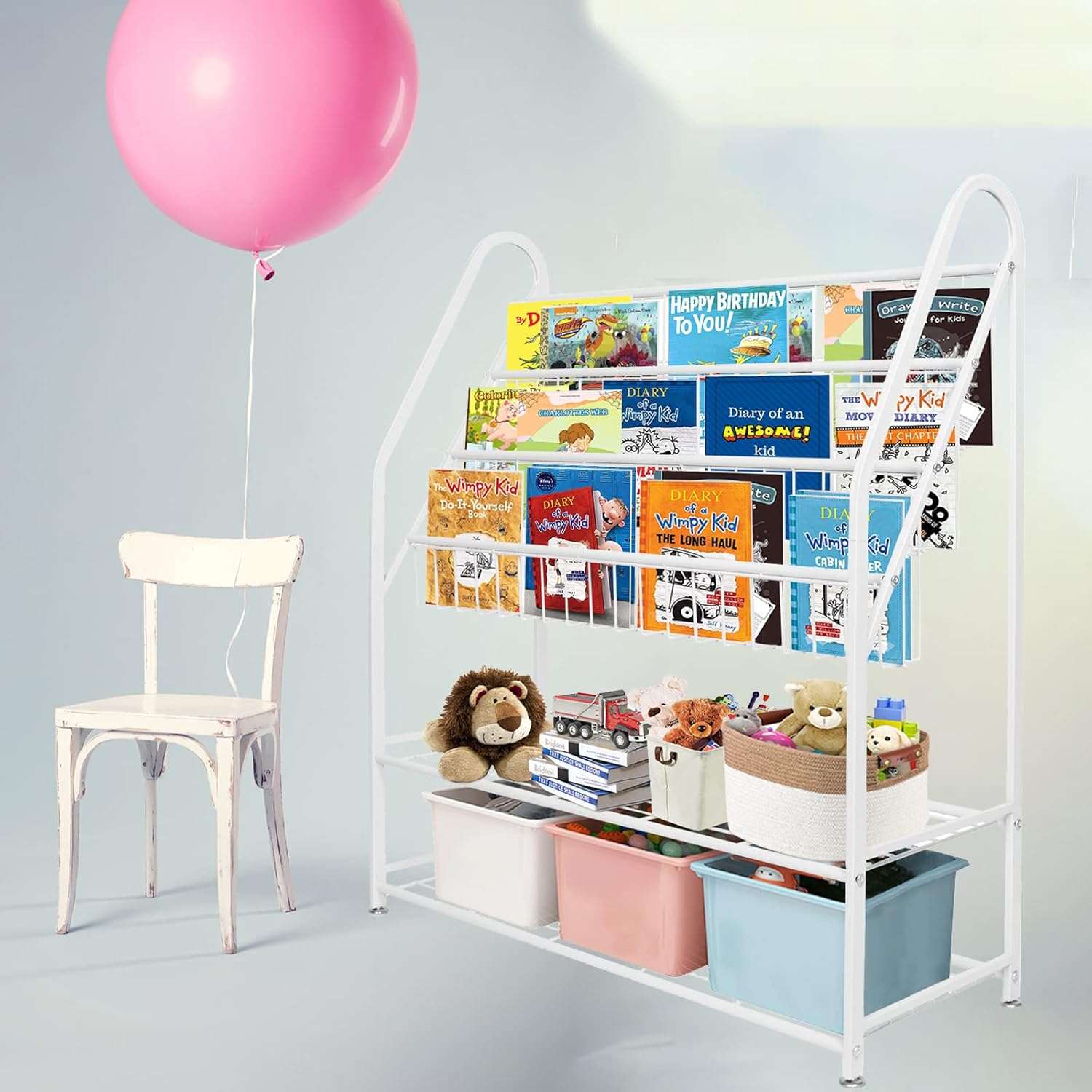 aboxoo Metal Kids Bookshelf Freestanding Bookcase for Children Room 32 in Large Toy Organizer Modern MinimalistWhite Stable Metel Bookstore Bedroom, Living, Library Book Unit Storage - 7