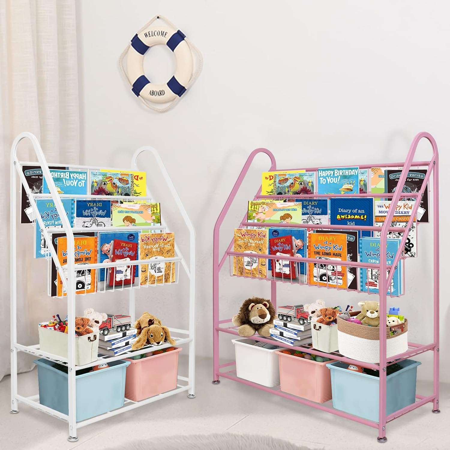 aboxoo Metal Kids Bookshelf Freestanding Bookcase for Children Room 32 in Large Toy Organizer Modern MinimalistWhite Stable Metel Bookstore Bedroom, Living, Library Book Unit Storage - 8