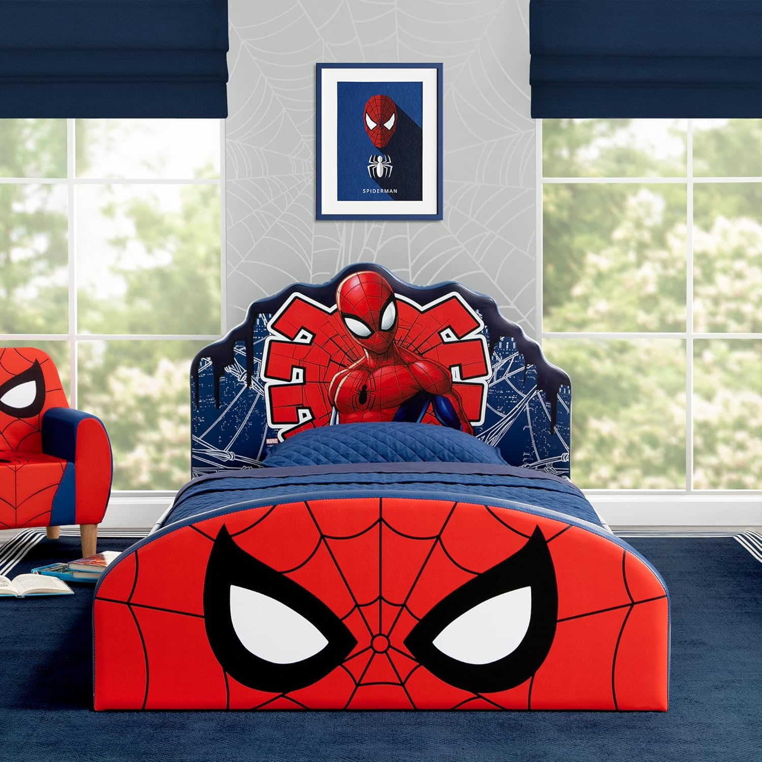 Delta Children Marvel Spider Man Upholstered Twin Bed, Red-Blue - 1