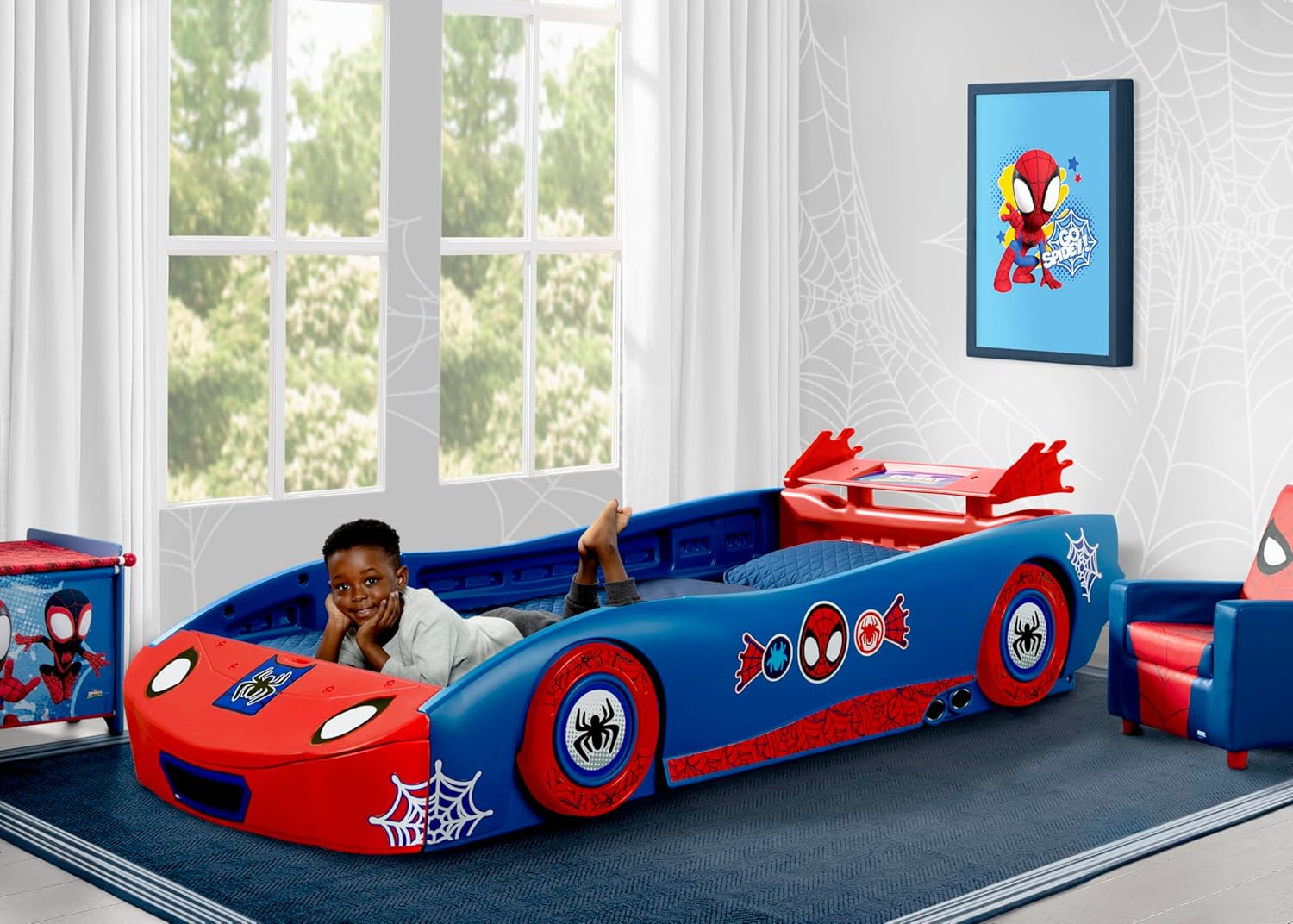 Delta Children - Spidey and His Amazing Friends Web Crawler Race Car Twin Bed, Blue-Red - 2