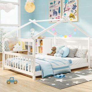 Giantex Full Size Floor Bed, Solid Wood Montessori House Bed with Roof, Headboard and Footboard, Low Full Bed Frame for Kids Teens Girls Boys, No Box Spring Needed, White - 1