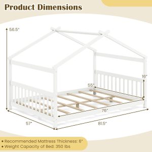 Giantex Full Size Floor Bed, Solid Wood Montessori House Bed with Roof, Headboard and Footboard, Low Full Bed Frame for Kids Teens Girls Boys, No Box Spring Needed, White - 2