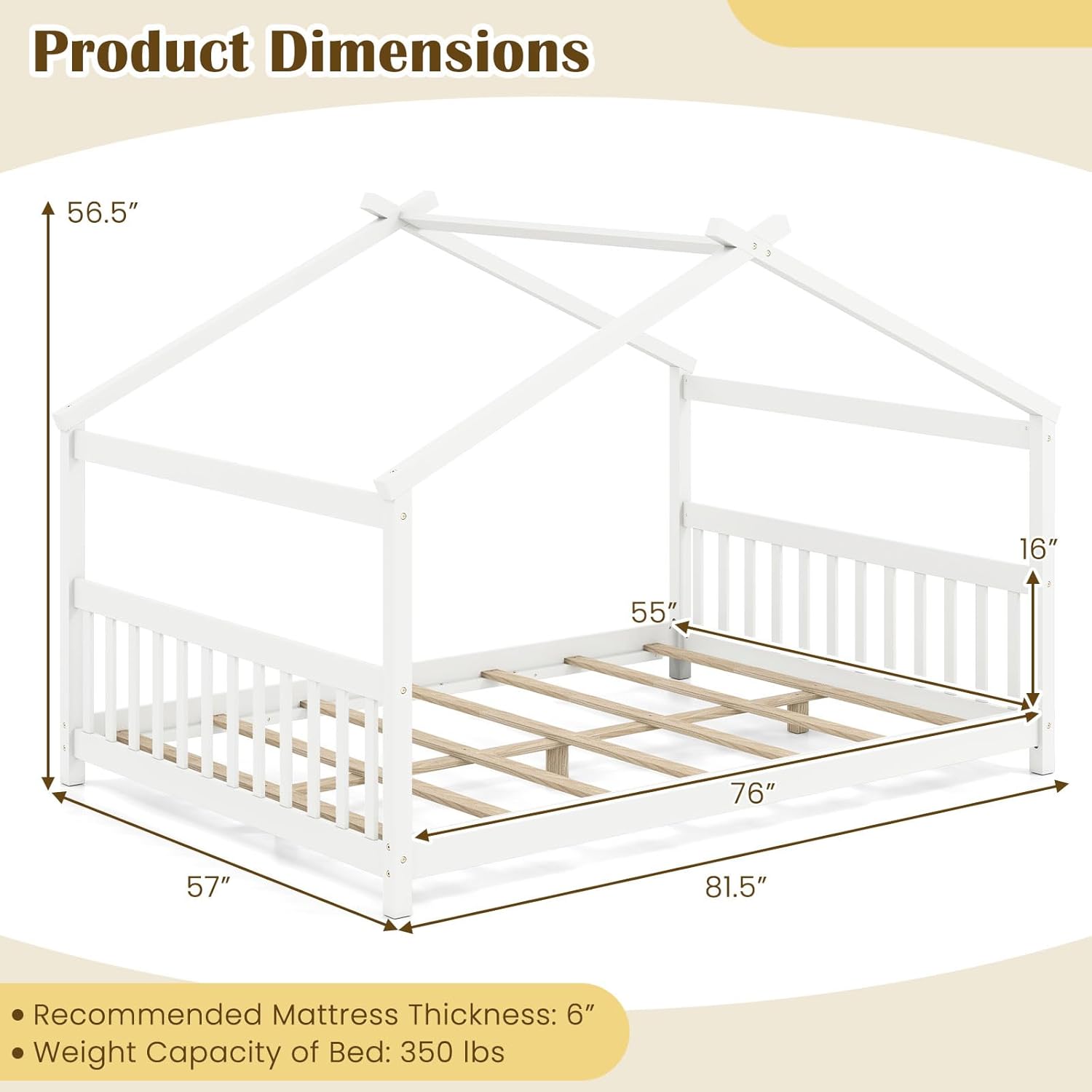 Giantex Full Size Floor Bed, Solid Wood Montessori House Bed with Roof, Headboard and Footboard, Low Full Bed Frame for Kids Teens Girls Boys, No Box Spring Needed, White - 2