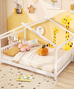 Giantex Full Size Floor Bed, Solid Wood Montessori House Bed with Roof, Headboard and Footboard, Low Full Bed Frame for Kids Teens Girls Boys, No Box Spring Needed, White - 3