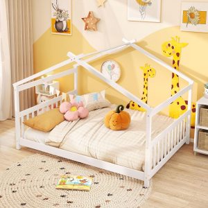 Giantex Full Size Floor Bed, Solid Wood Montessori House Bed with Roof, Headboard and Footboard, Low Full Bed Frame for Kids Teens Girls Boys, No Box Spring Needed, White - 3