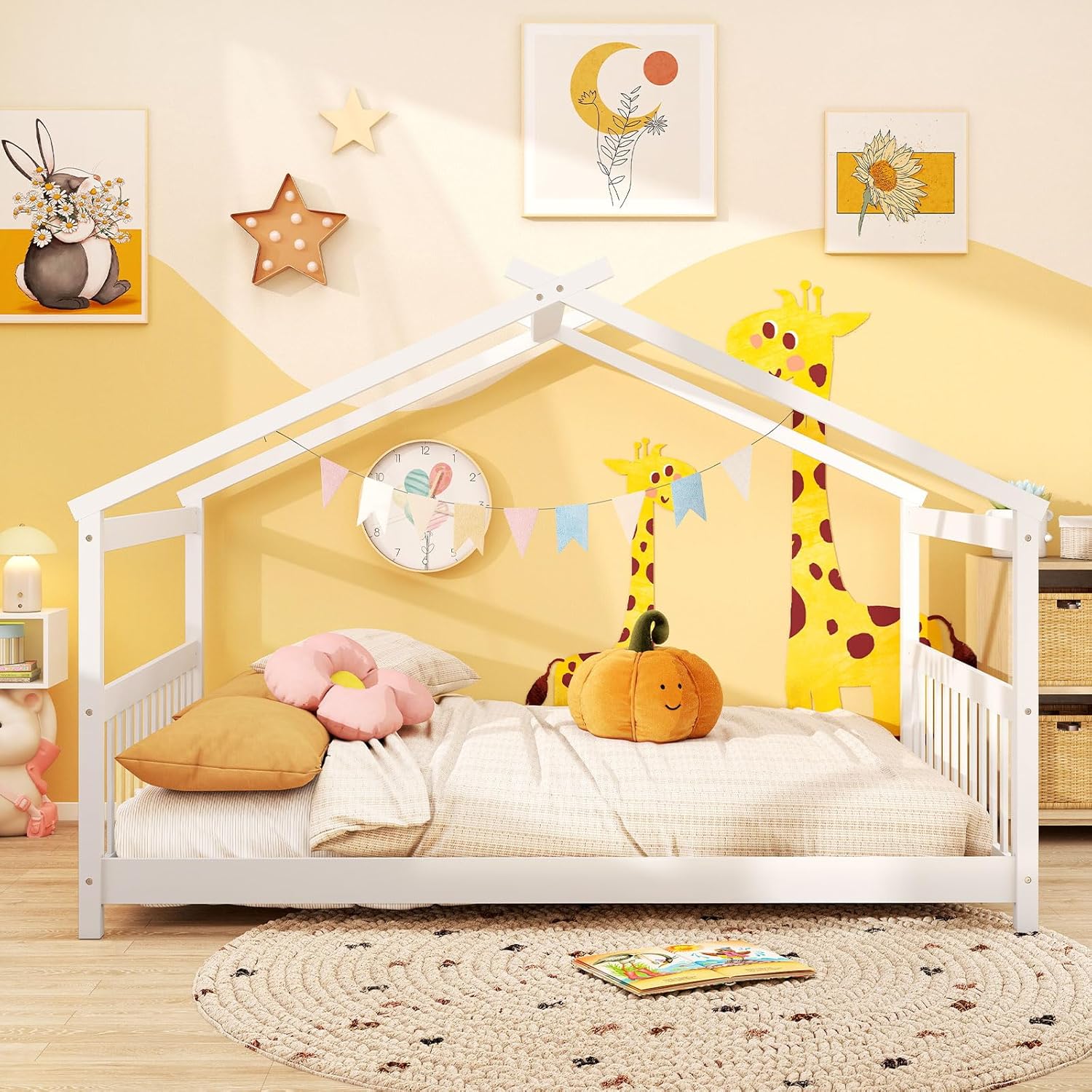 Giantex Full Size Floor Bed, Solid Wood Montessori House Bed with Roof, Headboard and Footboard, Low Full Bed Frame for Kids Teens Girls Boys, No Box Spring Needed, White - 5