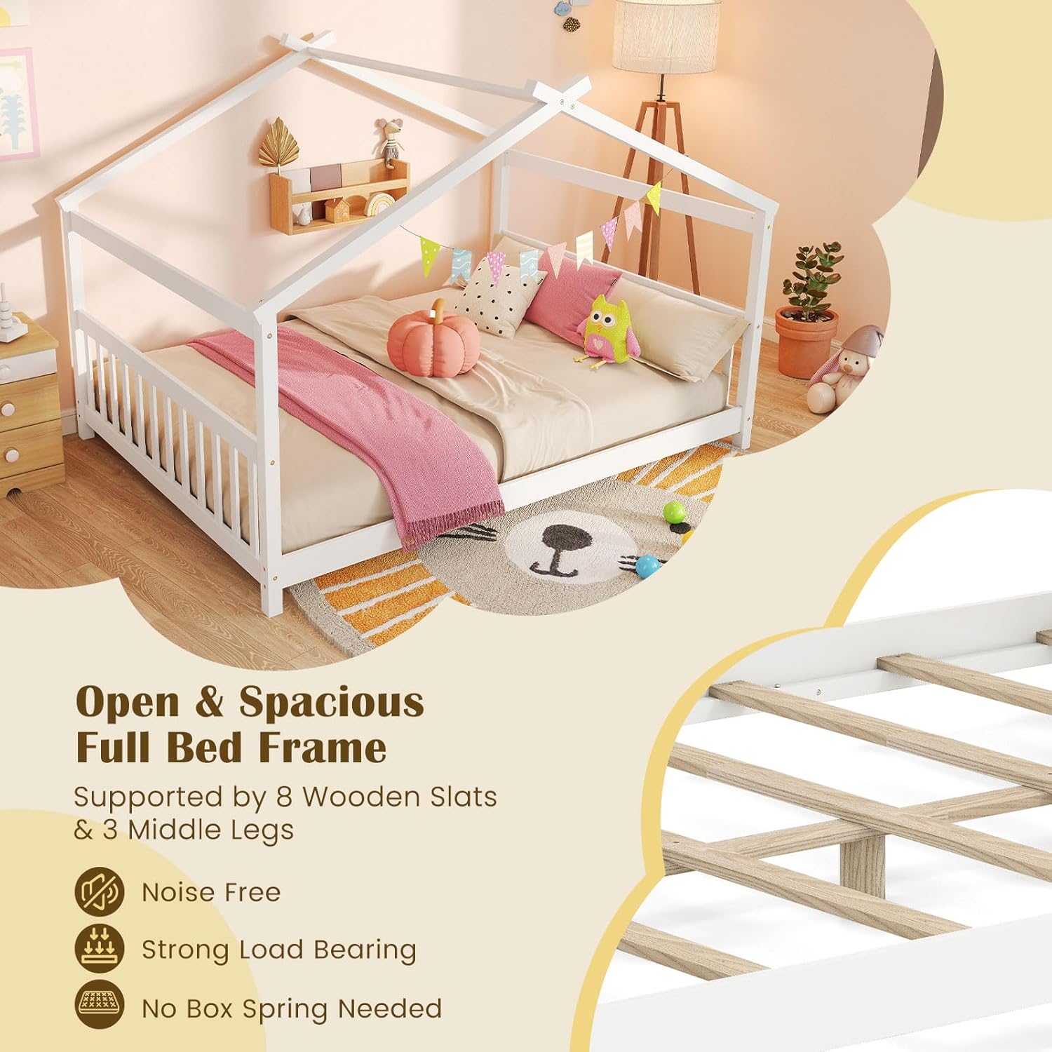 Giantex Full Size Floor Bed, Solid Wood Montessori House Bed with Roof, Headboard and Footboard, Low Full Bed Frame for Kids Teens Girls Boys, No Box Spring Needed, White - 6