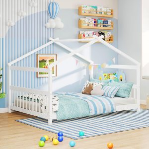 Giantex Full Size Floor Bed, Solid Wood Montessori House Bed with Roof, Headboard and Footboard, Low Full Bed Frame for Kids Teens Girls Boys, No Box Spring Needed, White - 7