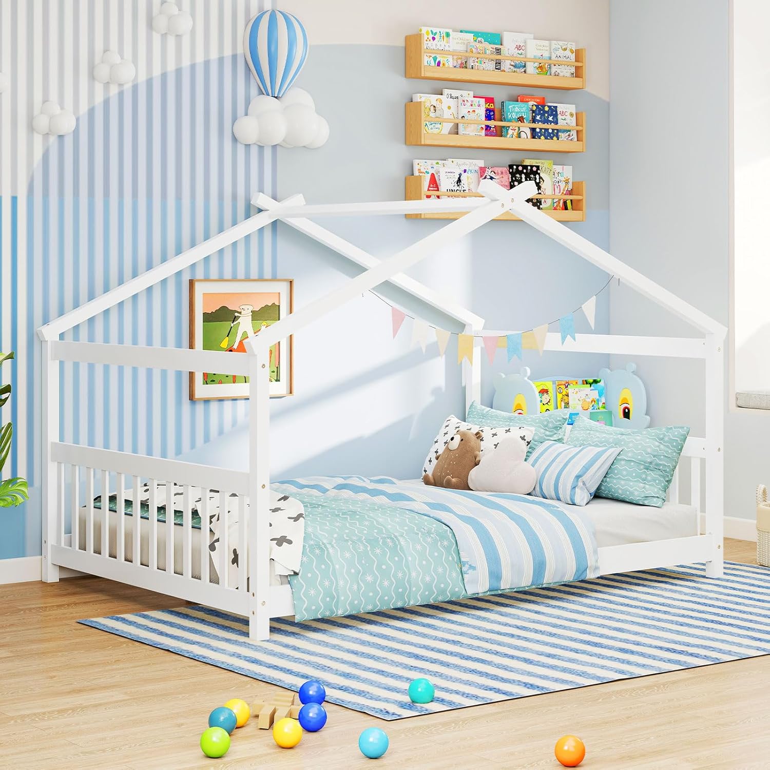 Giantex Full Size Floor Bed, Solid Wood Montessori House Bed with Roof, Headboard and Footboard, Low Full Bed Frame for Kids Teens Girls Boys, No Box Spring Needed, White - 7