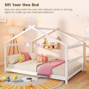 Giantex Full Size Floor Bed, Solid Wood Montessori House Bed with Roof, Headboard and Footboard, Low Full Bed Frame for Kids Teens Girls Boys, No Box Spring Needed, White - 8