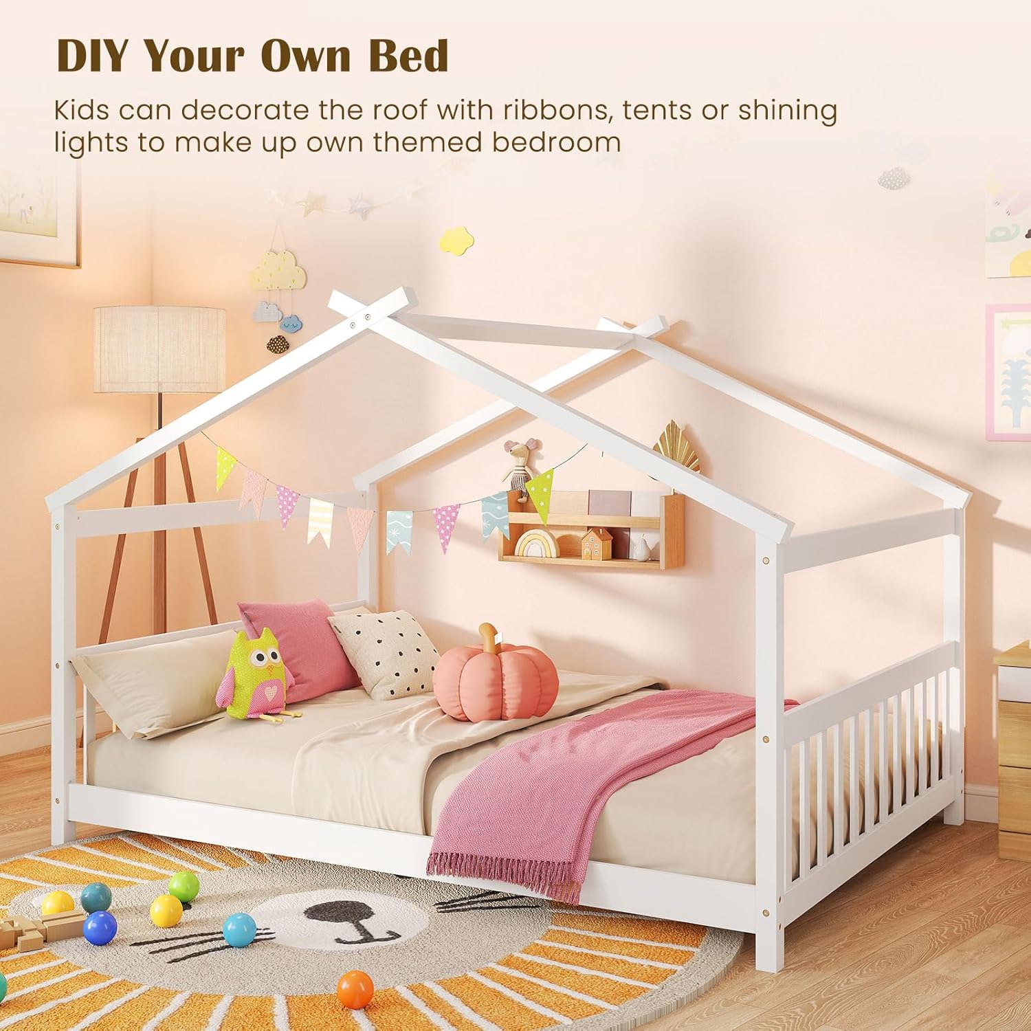 Giantex Full Size Floor Bed, Solid Wood Montessori House Bed with Roof, Headboard and Footboard, Low Full Bed Frame for Kids Teens Girls Boys, No Box Spring Needed, White - 8