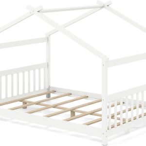 Giantex Full Size Floor Bed, Solid Wood Montessori House Bed with Roof, Headboard and Footboard, Low Full Bed Frame for Kids Teens Girls Boys, No Box Spring Needed, White - 9