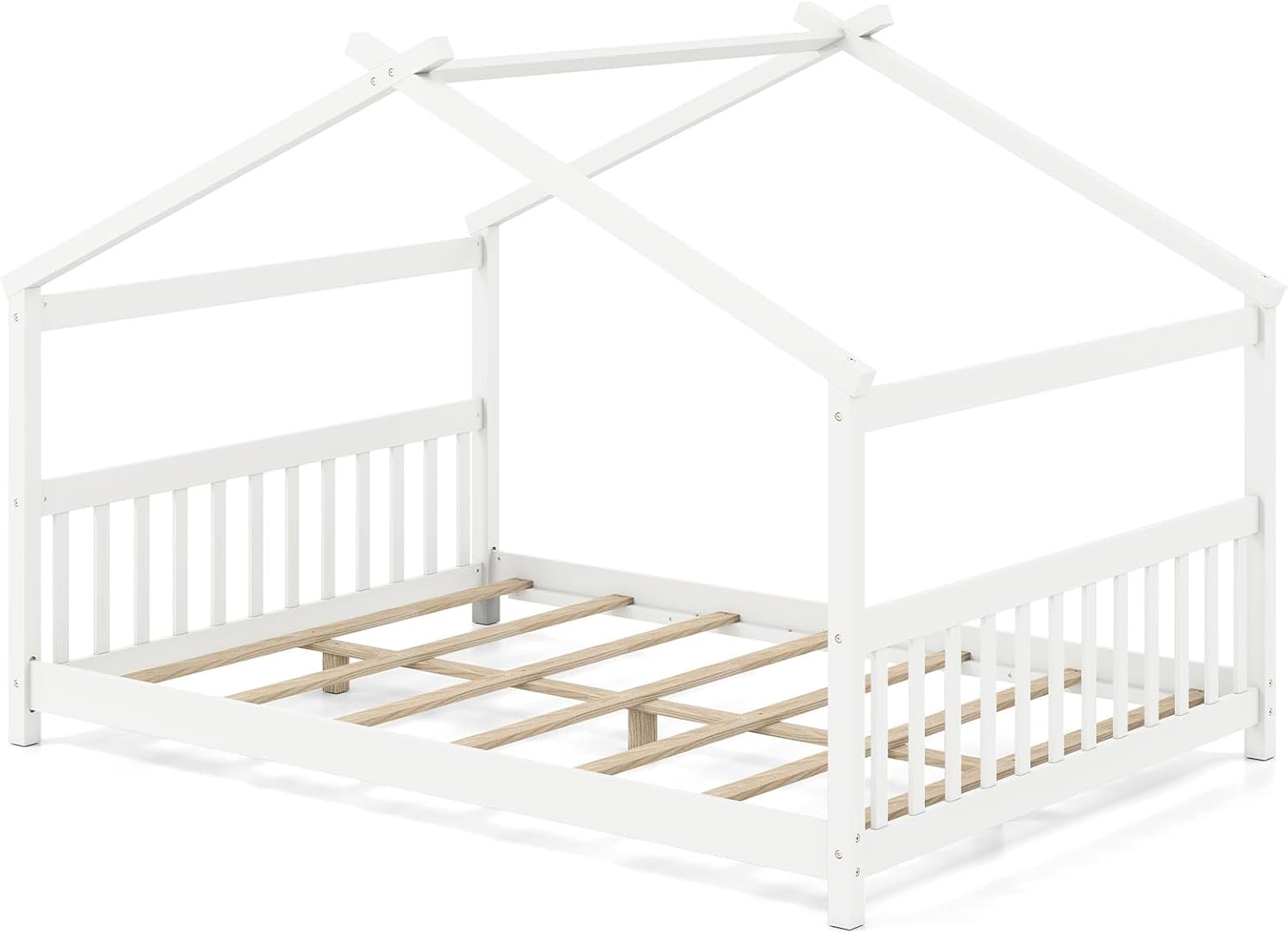 Giantex Full Size Floor Bed, Solid Wood Montessori House Bed with Roof, Headboard and Footboard, Low Full Bed Frame for Kids Teens Girls Boys, No Box Spring Needed, White - 9