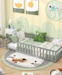 Giantex Twin Floor Bed with Door & Fence, Kids Wood Montessori Beds with Safety Guardrails, Floor Bed Frame for Kids, Boys, Girls, No Box Spring Needed, Floor Bed Twin - 1