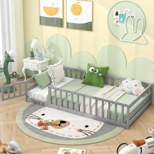 Giantex Twin Floor Bed with Door & Fence, Kids Wood Montessori Beds with Safety Guardrails, Floor Bed Frame for Kids, Boys, Girls, No Box Spring Needed, Floor Bed Twin - 1