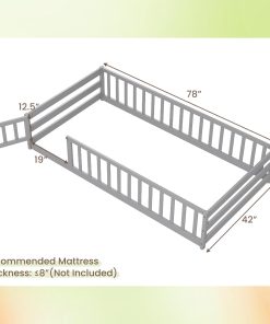 Giantex Twin Floor Bed with Door & Fence, Kids Wood Montessori Beds with Safety Guardrails, Floor Bed Frame for Kids, Boys, Girls, No Box Spring Needed, Floor Bed Twin - 2