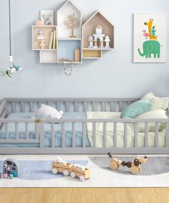Giantex Twin Floor Bed with Door & Fence, Kids Wood Montessori Beds with Safety Guardrails, Floor Bed Frame for Kids, Boys, Girls, No Box Spring Needed, Floor Bed Twin - 3