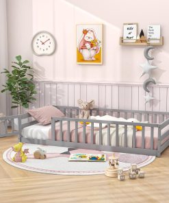 Giantex Twin Floor Bed with Door & Fence, Kids Wood Montessori Beds with Safety Guardrails, Floor Bed Frame for Kids, Boys, Girls, No Box Spring Needed, Floor Bed Twin - 4