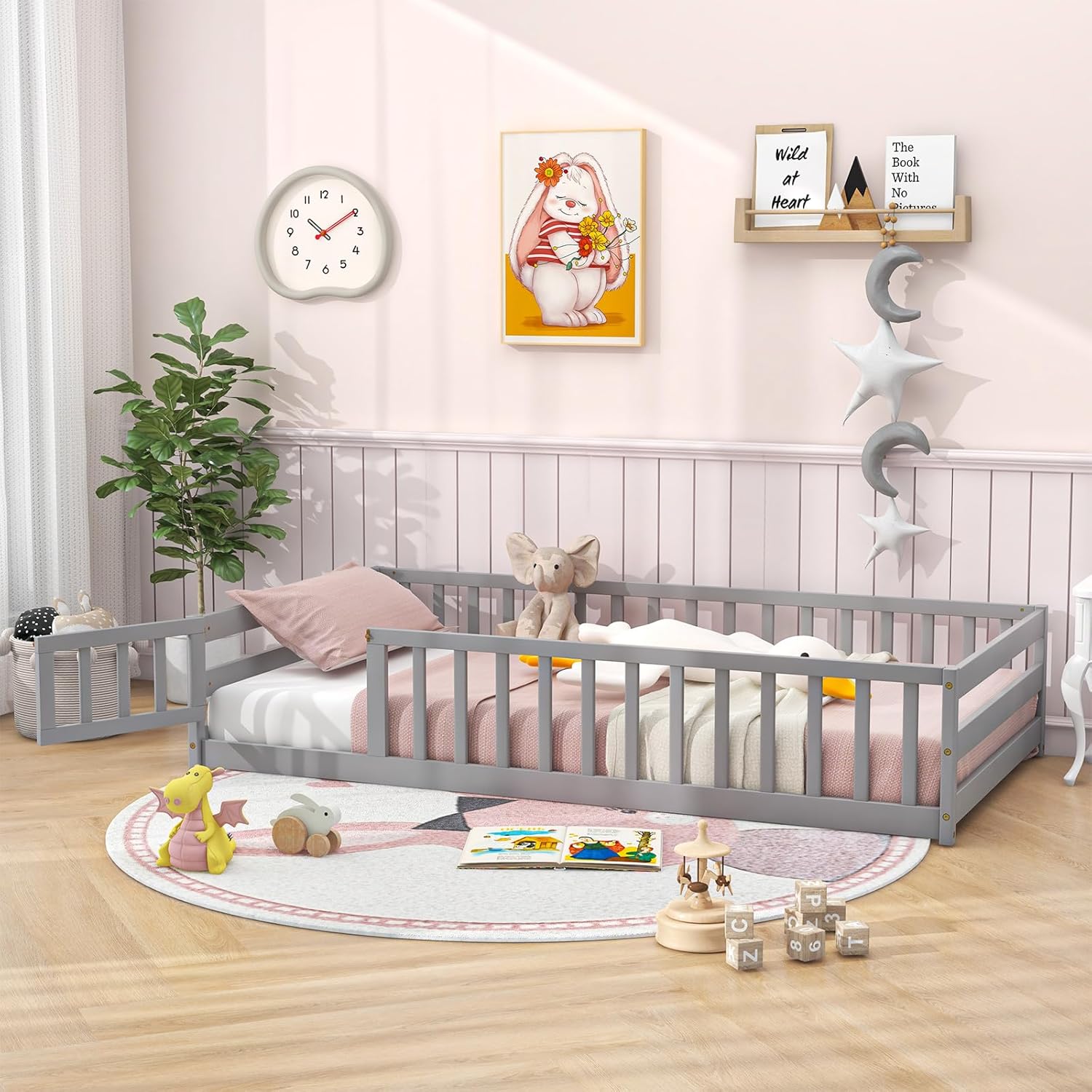 Giantex Twin Floor Bed with Door & Fence, Kids Wood Montessori Beds with Safety Guardrails, Floor Bed Frame for Kids, Boys, Girls, No Box Spring Needed, Floor Bed Twin - 4