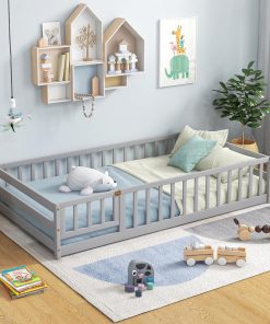 Giantex Twin Floor Bed with Door & Fence, Kids Wood Montessori Beds with Safety Guardrails, Floor Bed Frame for Kids, Boys, Girls, No Box Spring Needed, Floor Bed Twin - 5