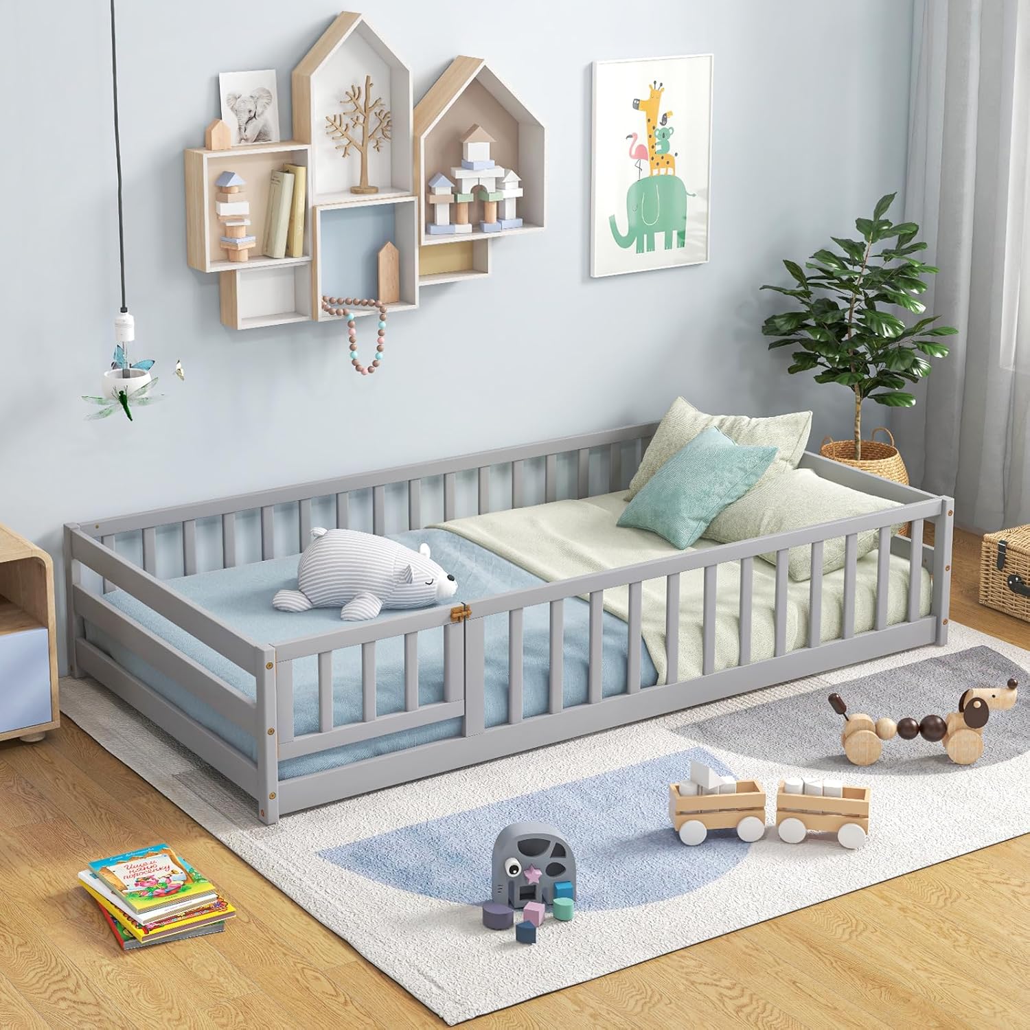 Giantex Twin Floor Bed with Door & Fence, Kids Wood Montessori Beds with Safety Guardrails, Floor Bed Frame for Kids, Boys, Girls, No Box Spring Needed, Floor Bed Twin - 5