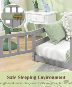 Giantex Twin Floor Bed with Door & Fence, Kids Wood Montessori Beds with Safety Guardrails, Floor Bed Frame for Kids, Boys, Girls, No Box Spring Needed, Floor Bed Twin - 6