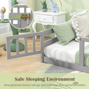 Giantex Twin Floor Bed with Door & Fence, Kids Wood Montessori Beds with Safety Guardrails, Floor Bed Frame for Kids, Boys, Girls, No Box Spring Needed, Floor Bed Twin - 6