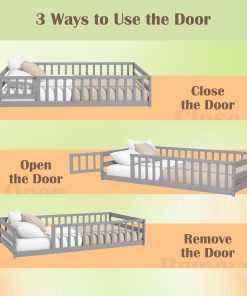 Giantex Twin Floor Bed with Door & Fence, Kids Wood Montessori Beds with Safety Guardrails, Floor Bed Frame for Kids, Boys, Girls, No Box Spring Needed, Floor Bed Twin - 7
