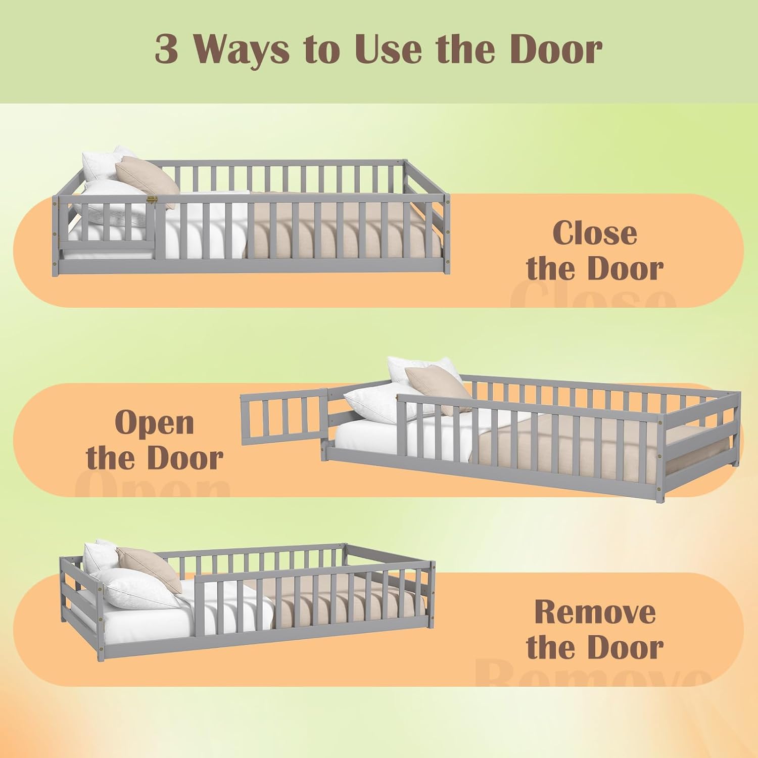 Giantex Twin Floor Bed with Door & Fence, Kids Wood Montessori Beds with Safety Guardrails, Floor Bed Frame for Kids, Boys, Girls, No Box Spring Needed, Floor Bed Twin - 7