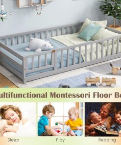 Giantex Twin Floor Bed with Door & Fence, Kids Wood Montessori Beds with Safety Guardrails, Floor Bed Frame for Kids, Boys, Girls, No Box Spring Needed, Floor Bed Twin - 8