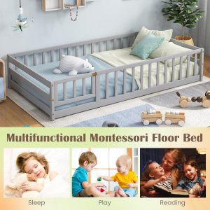 Giantex Twin Floor Bed with Door & Fence, Kids Wood Montessori Beds with Safety Guardrails, Floor Bed Frame for Kids, Boys, Girls, No Box Spring Needed, Floor Bed Twin - 8