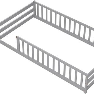 Giantex Twin Floor Bed with Door & Fence, Kids Wood Montessori Beds with Safety Guardrails, Floor Bed Frame for Kids, Boys, Girls, No Box Spring Needed, Floor Bed Twin - 9