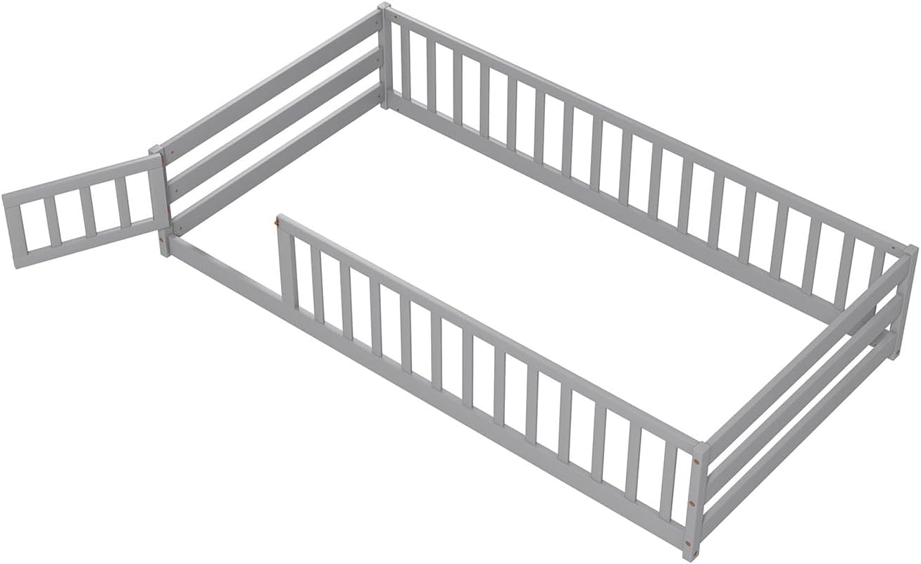 Giantex Twin Floor Bed with Door & Fence, Kids Wood Montessori Beds with Safety Guardrails, Floor Bed Frame for Kids, Boys, Girls, No Box Spring Needed, Floor Bed Twin - 9