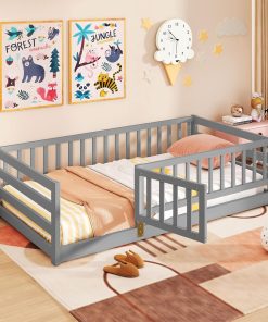 Giantex Twin Floor Bed with High Fence & Door, Montessori Floor Bed with 21.5 Safety Guardrails, Solid Wood Twin Beds Frame for Kids Girls, Boys, Without Slats, Grey - 1
