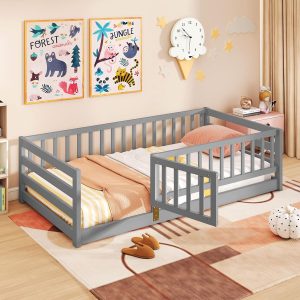 Giantex Twin Floor Bed with High Fence & Door, Montessori Floor Bed with 21.5 Safety Guardrails, Solid Wood Twin Beds Frame for Kids Girls, Boys, Without Slats, Grey - 1