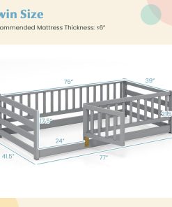 Giantex Twin Floor Bed with High Fence & Door, Montessori Floor Bed with 21.5 Safety Guardrails, Solid Wood Twin Beds Frame for Kids Girls, Boys, Without Slats, Grey - 2