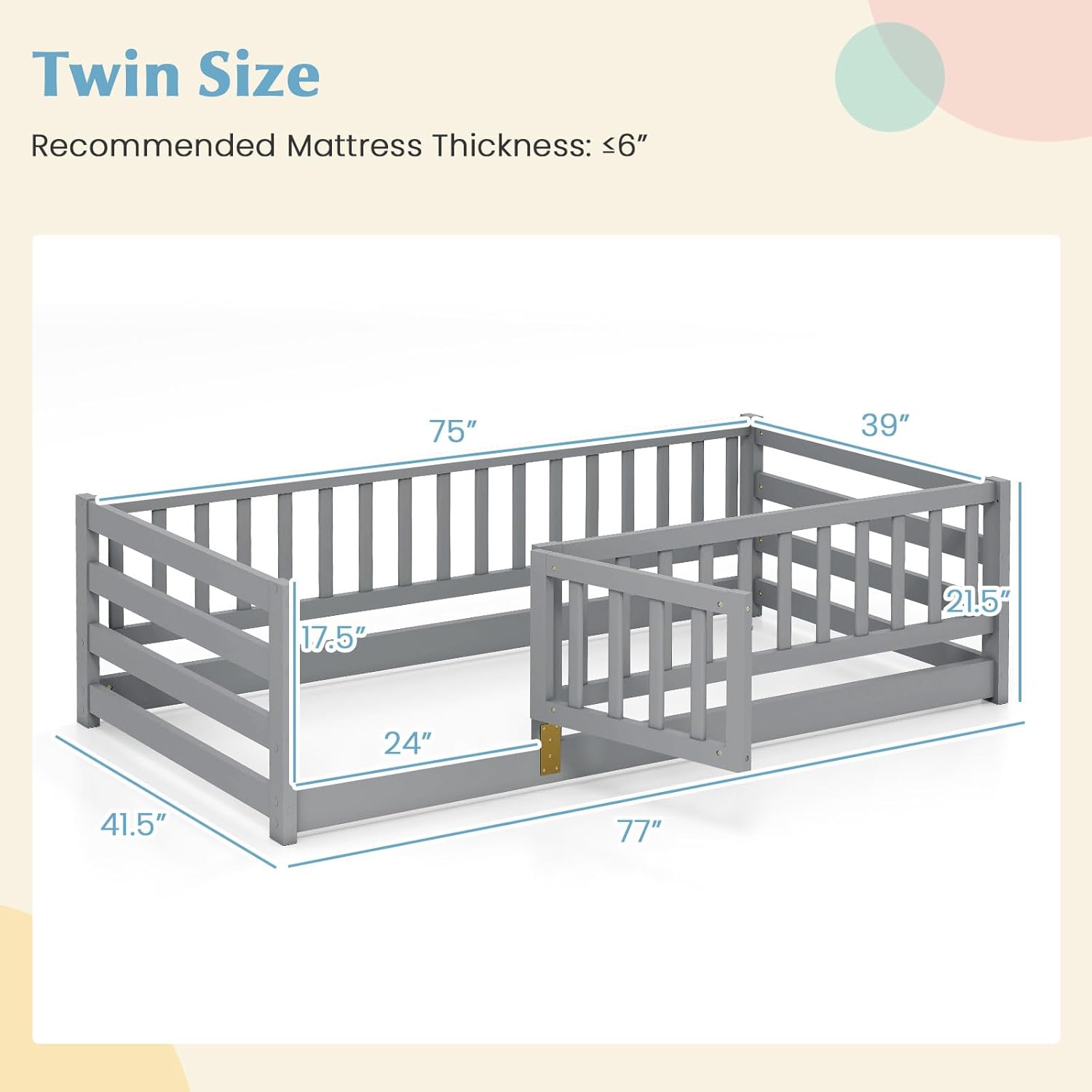 Giantex Twin Floor Bed with High Fence & Door, Montessori Floor Bed with 21.5 Safety Guardrails, Solid Wood Twin Beds Frame for Kids Girls, Boys, Without Slats, Grey - 2