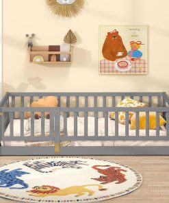 Giantex Twin Floor Bed with High Fence & Door, Montessori Floor Bed with 21.5 Safety Guardrails, Solid Wood Twin Beds Frame for Kids Girls, Boys, Without Slats, Grey - 3