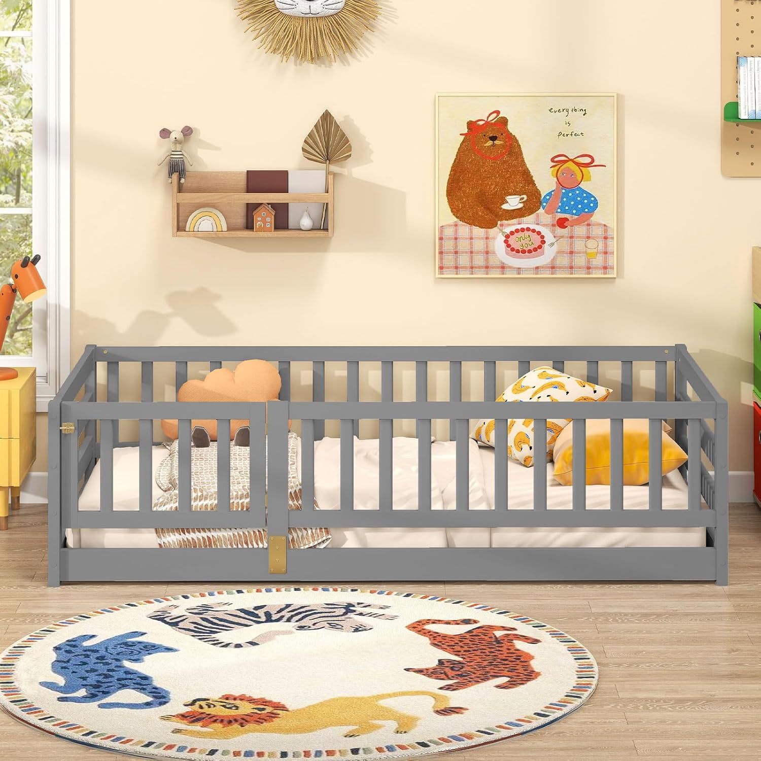 Giantex Twin Floor Bed with High Fence & Door, Montessori Floor Bed with 21.5 Safety Guardrails, Solid Wood Twin Beds Frame for Kids Girls, Boys, Without Slats, Grey - 3