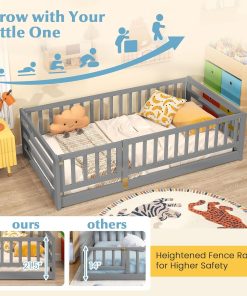 Giantex Twin Floor Bed with High Fence & Door, Montessori Floor Bed with 21.5 Safety Guardrails, Solid Wood Twin Beds Frame for Kids Girls, Boys, Without Slats, Grey - 4