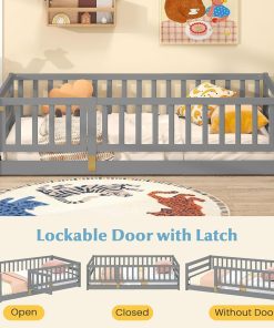 Giantex Twin Floor Bed with High Fence & Door, Montessori Floor Bed with 21.5 Safety Guardrails, Solid Wood Twin Beds Frame for Kids Girls, Boys, Without Slats, Grey - 5