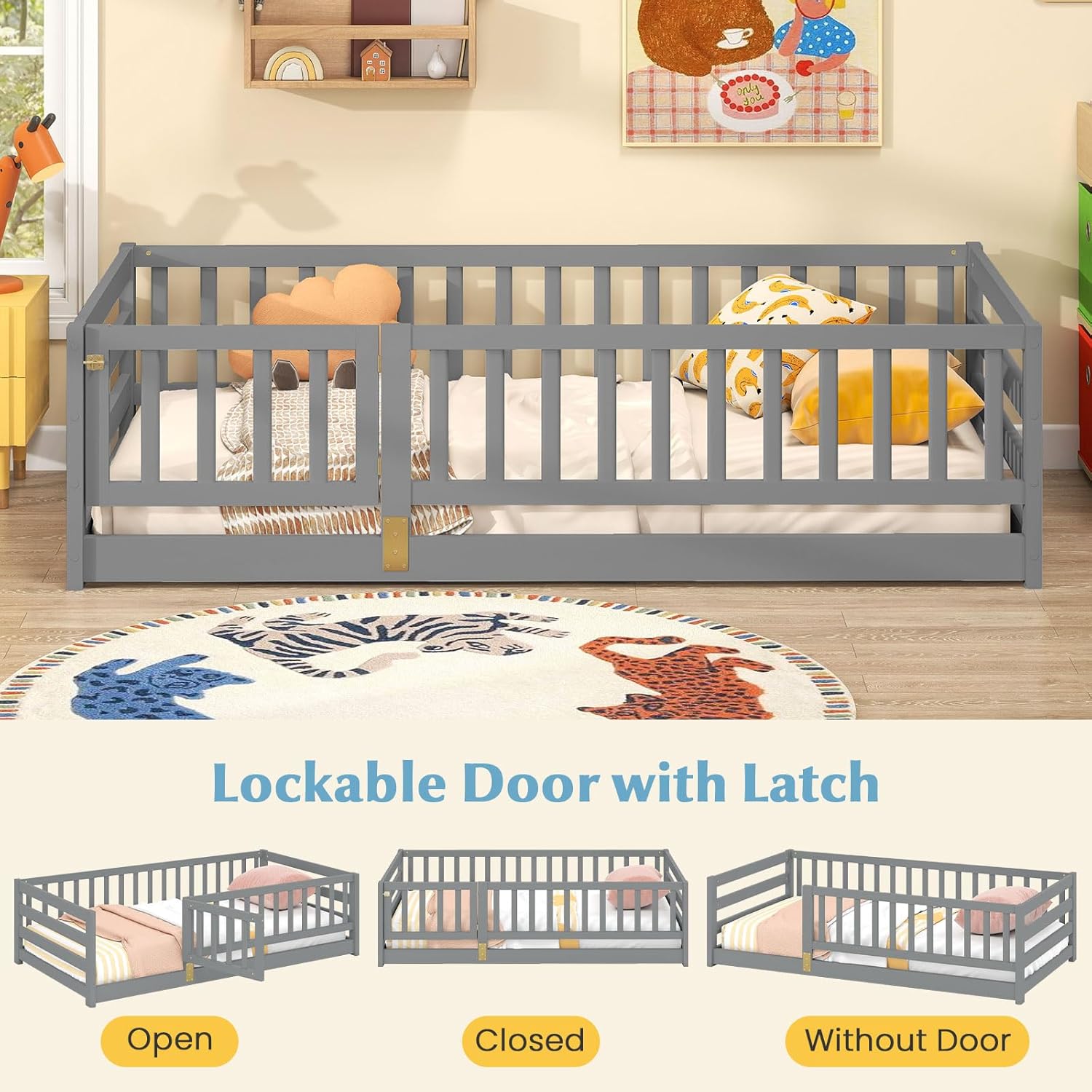 Giantex Twin Floor Bed with High Fence & Door, Montessori Floor Bed with 21.5 Safety Guardrails, Solid Wood Twin Beds Frame for Kids Girls, Boys, Without Slats, Grey - 5