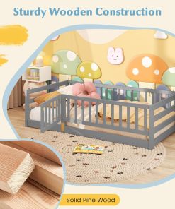 Giantex Twin Floor Bed with High Fence & Door, Montessori Floor Bed with 21.5 Safety Guardrails, Solid Wood Twin Beds Frame for Kids Girls, Boys, Without Slats, Grey - 6