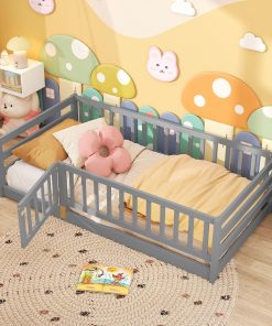 Giantex Twin Floor Bed with High Fence & Door, Montessori Floor Bed with 21.5 Safety Guardrails, Solid Wood Twin Beds Frame for Kids Girls, Boys, Without Slats, Grey - 7