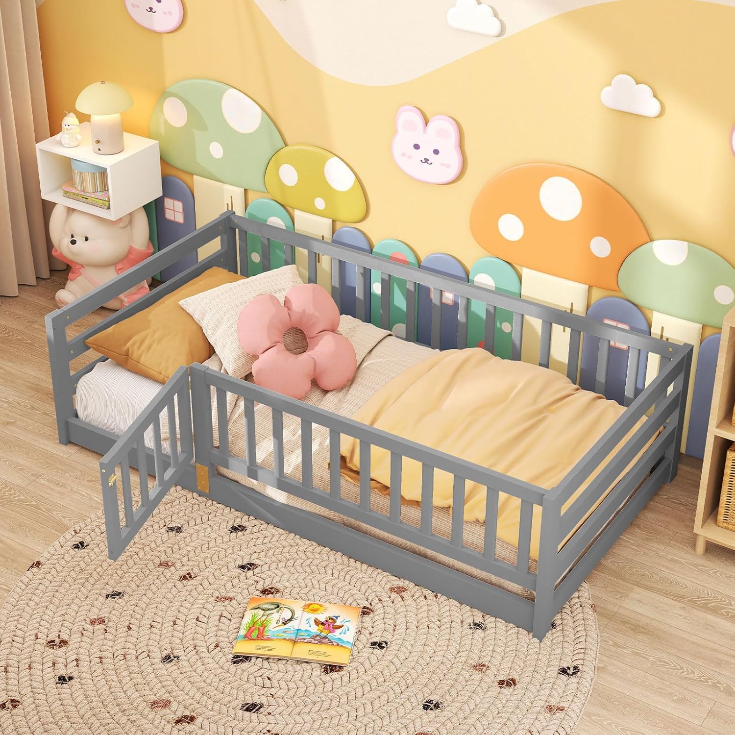Giantex Twin Floor Bed with High Fence & Door, Montessori Floor Bed with 21.5 Safety Guardrails, Solid Wood Twin Beds Frame for Kids Girls, Boys, Without Slats, Grey - 7