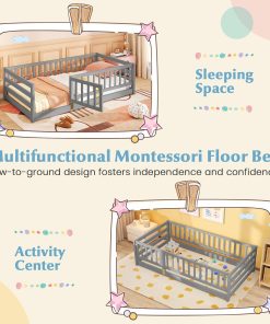 Giantex Twin Floor Bed with High Fence & Door, Montessori Floor Bed with 21.5 Safety Guardrails, Solid Wood Twin Beds Frame for Kids Girls, Boys, Without Slats, Grey - 8