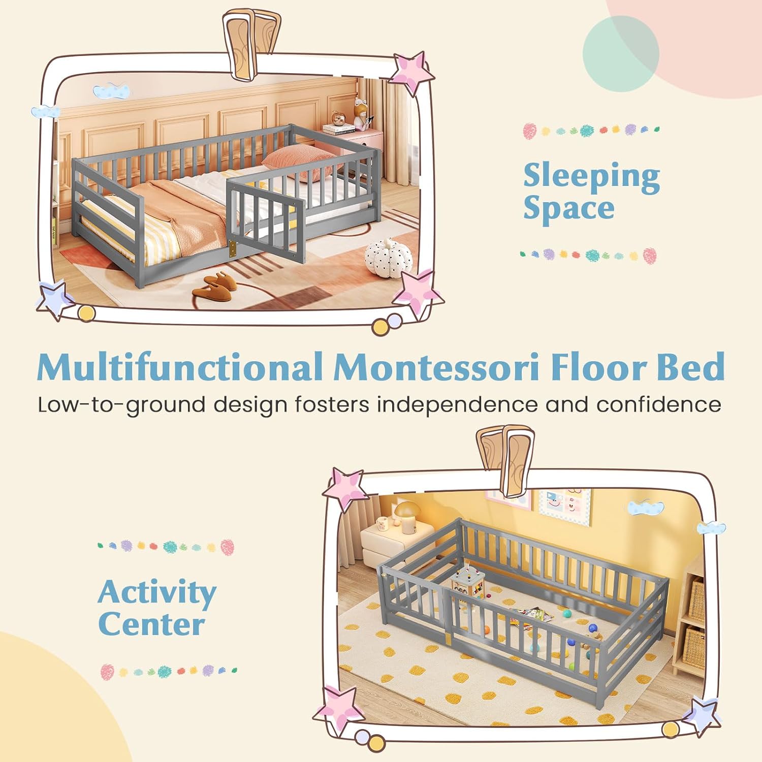 Giantex Twin Floor Bed with High Fence & Door, Montessori Floor Bed with 21.5 Safety Guardrails, Solid Wood Twin Beds Frame for Kids Girls, Boys, Without Slats, Grey - 8