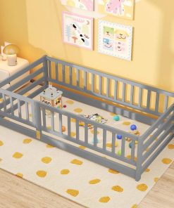 Giantex Twin Floor Bed with High Fence & Door, Montessori Floor Bed with 21.5 Safety Guardrails, Solid Wood Twin Beds Frame for Kids Girls, Boys, Without Slats, Grey - 9